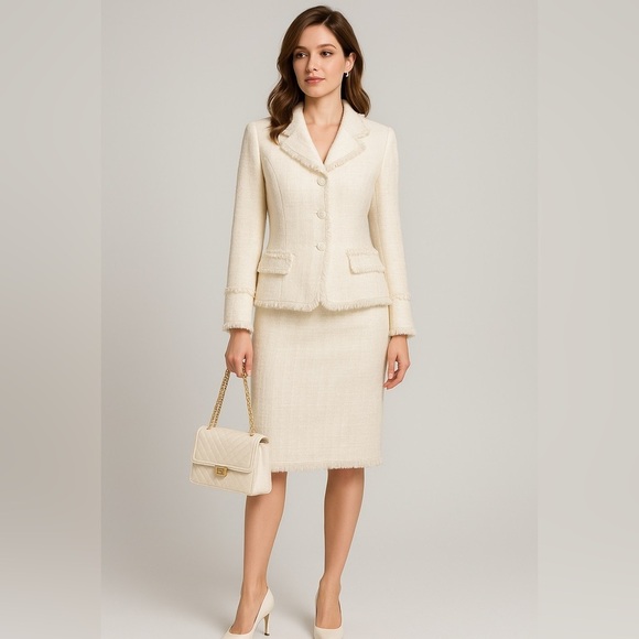 Designer Barbara Bates beautiful off white suit. Fringe accent details Luxury 10 - Picture 1 of 8